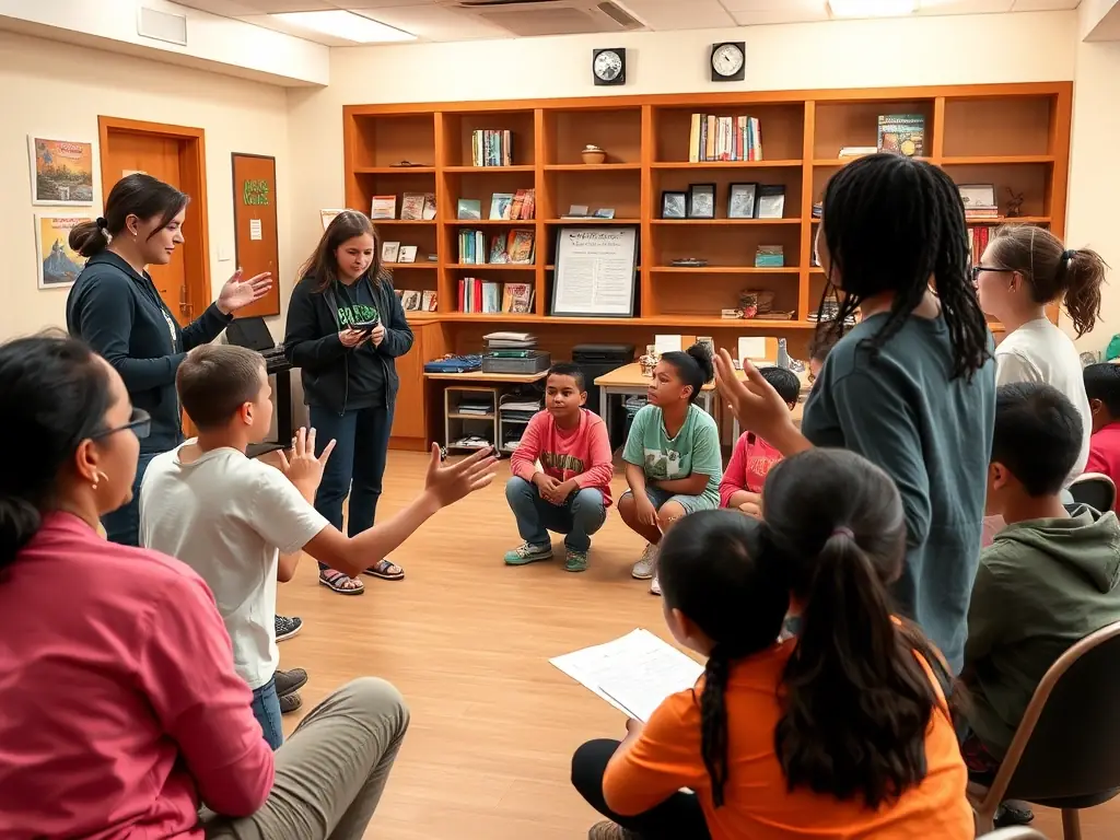 A community outreach event where LA LICOEUR members are conducting an improvisation session with local students, fostering creativity and teamwork.