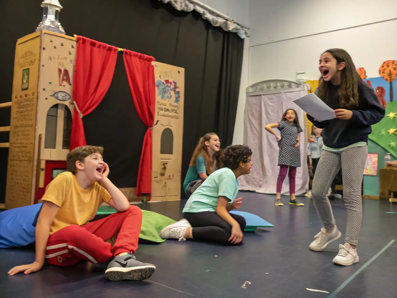 A dynamic image depicting participants actively engaged in a theatrical improvisation workshop, showcasing laughter, collaboration, and spontaneous creativity on stage.