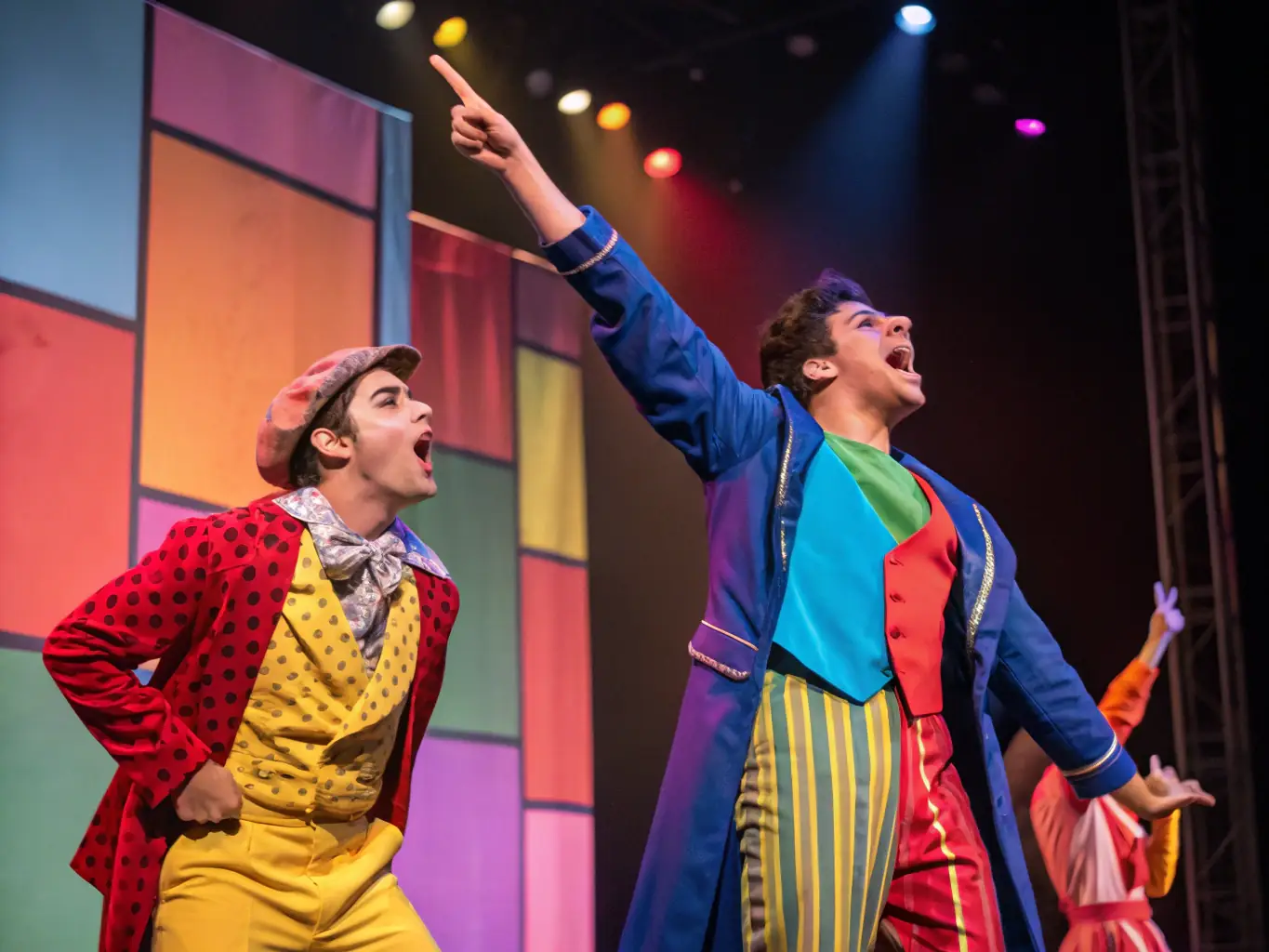 A vibrant photograph capturing a live theatrical improvisation performance, with actors in costume interacting with the audience in a lively and engaging manner.