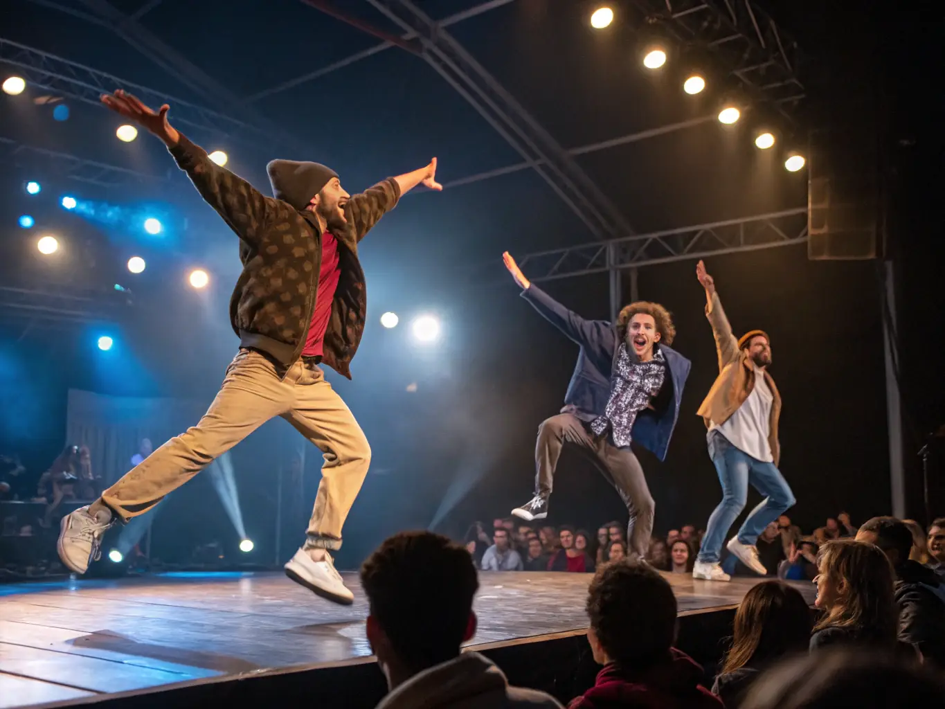 A vibrant image depicting participants actively engaged in a theatrical improvisation workshop, showcasing laughter, collaboration, and creative expression. The setting is a well-lit studio with a stage area.