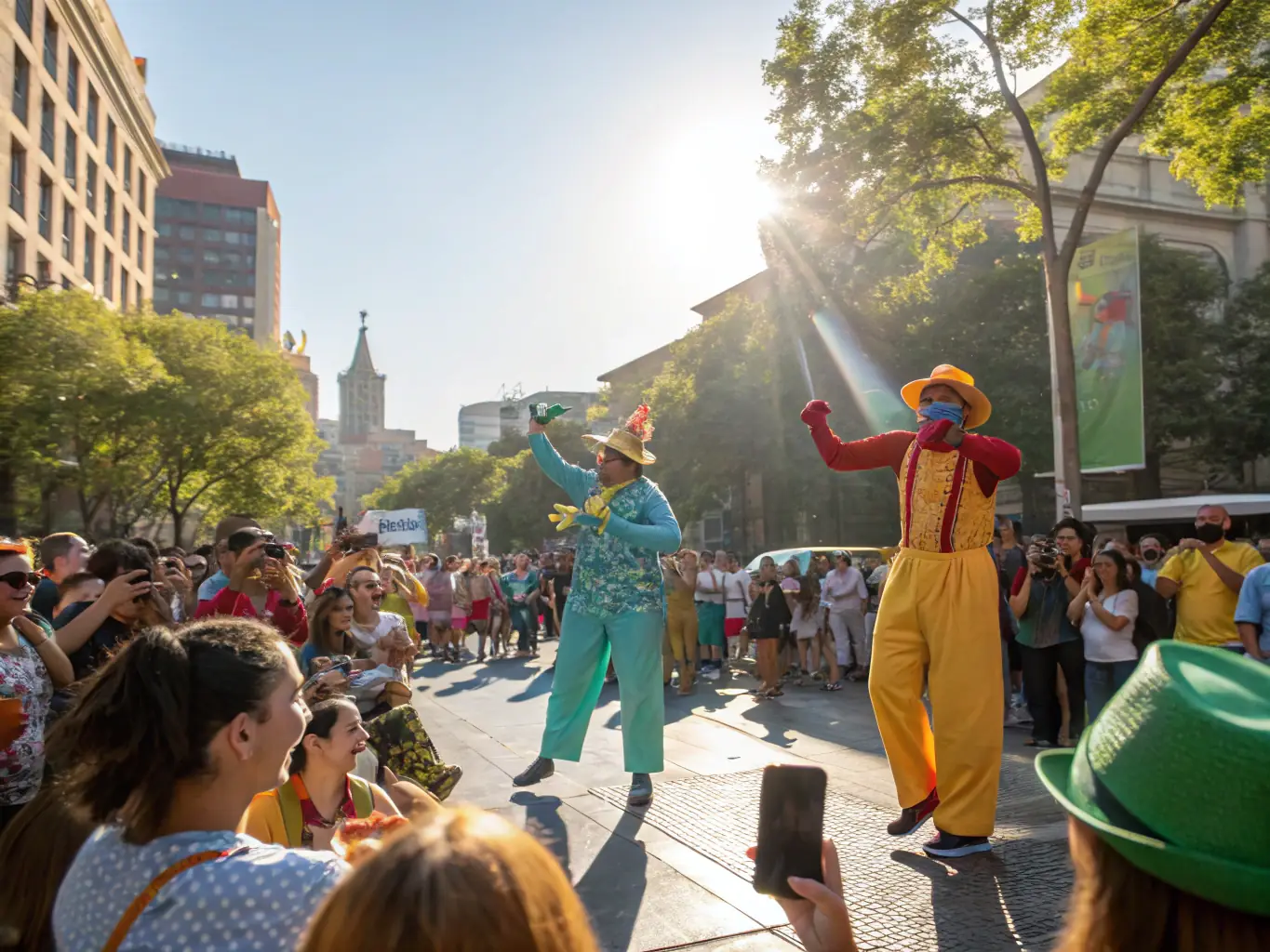A dynamic image of a community outreach event organized by LA LICOEUR, featuring performers interacting with the audience in a public space. The scene captures the energy and excitement of live improvisation.