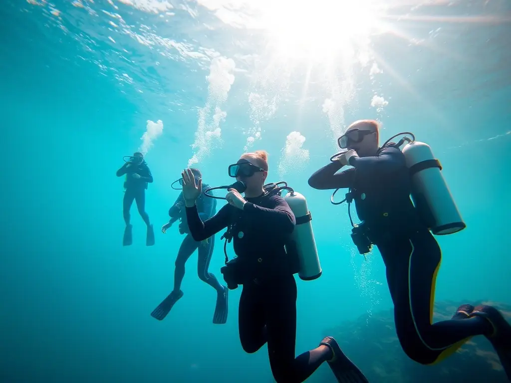 A group of divers practicing underwater skills in a clear, vibrant aquatic environment, showcasing FFESSM AIN's diving training courses.