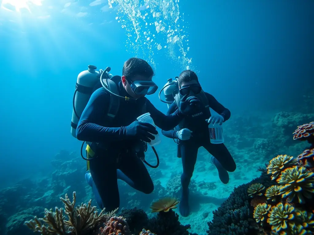 Researchers and divers collecting samples and data underwater in a protected marine area, illustrating FFESSM AIN's exploration and scientific research initiatives.
