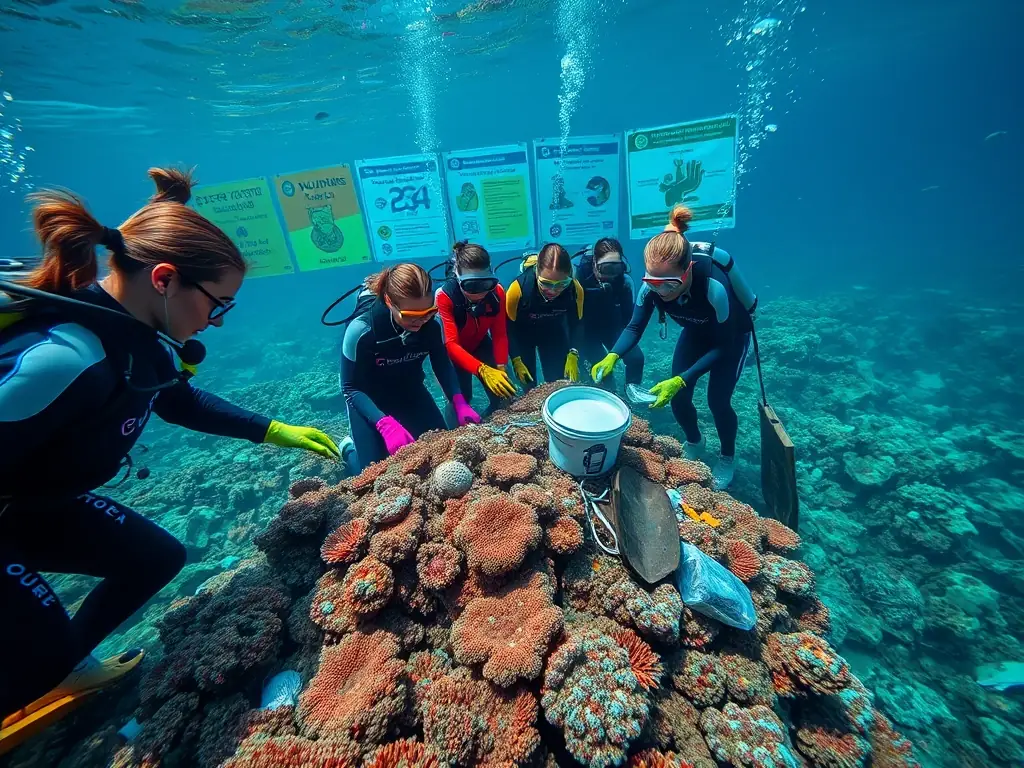 A group of volunteers cleaning a coral reef, with educational signage in the background, representing FFESSM AIN's environmental awareness programs.