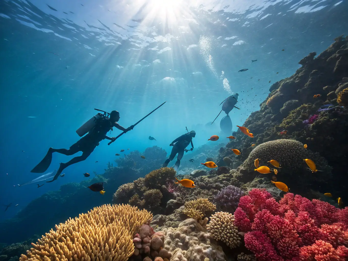 A group of divers practicing underwater skills in a clear, vibrant aquatic environment, showcasing the Diving Training Courses offered by FFESSM AIN.