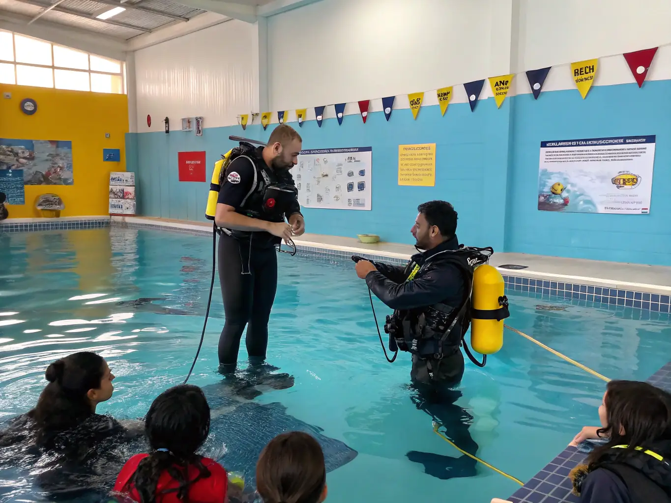 A classroom setting with instructors teaching diving techniques to students.