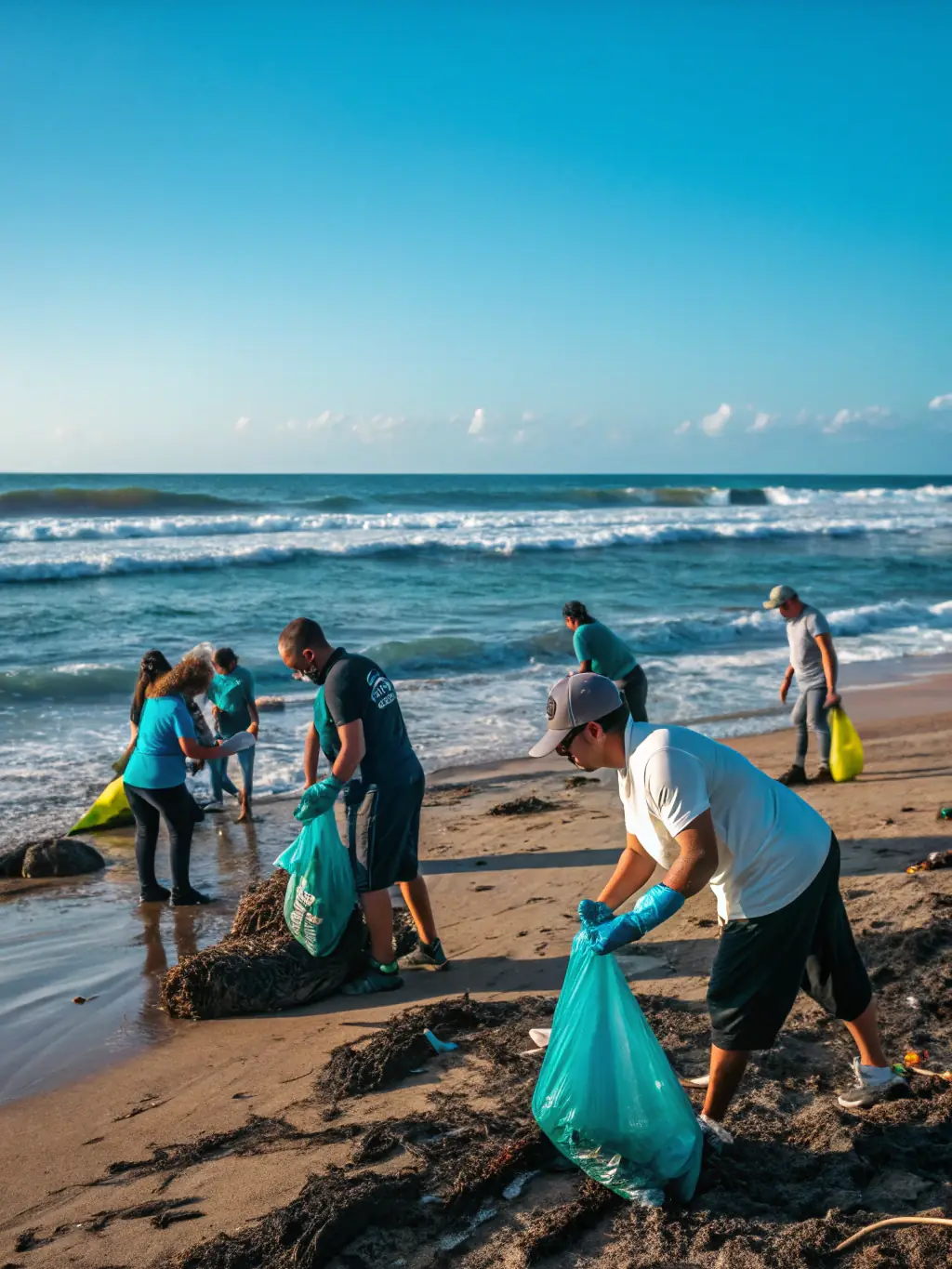 Volunteers cleaning up a beach, symbolizing FFESSM AIN's environmental awareness programs and dedication to protecting aquatic ecosystems.