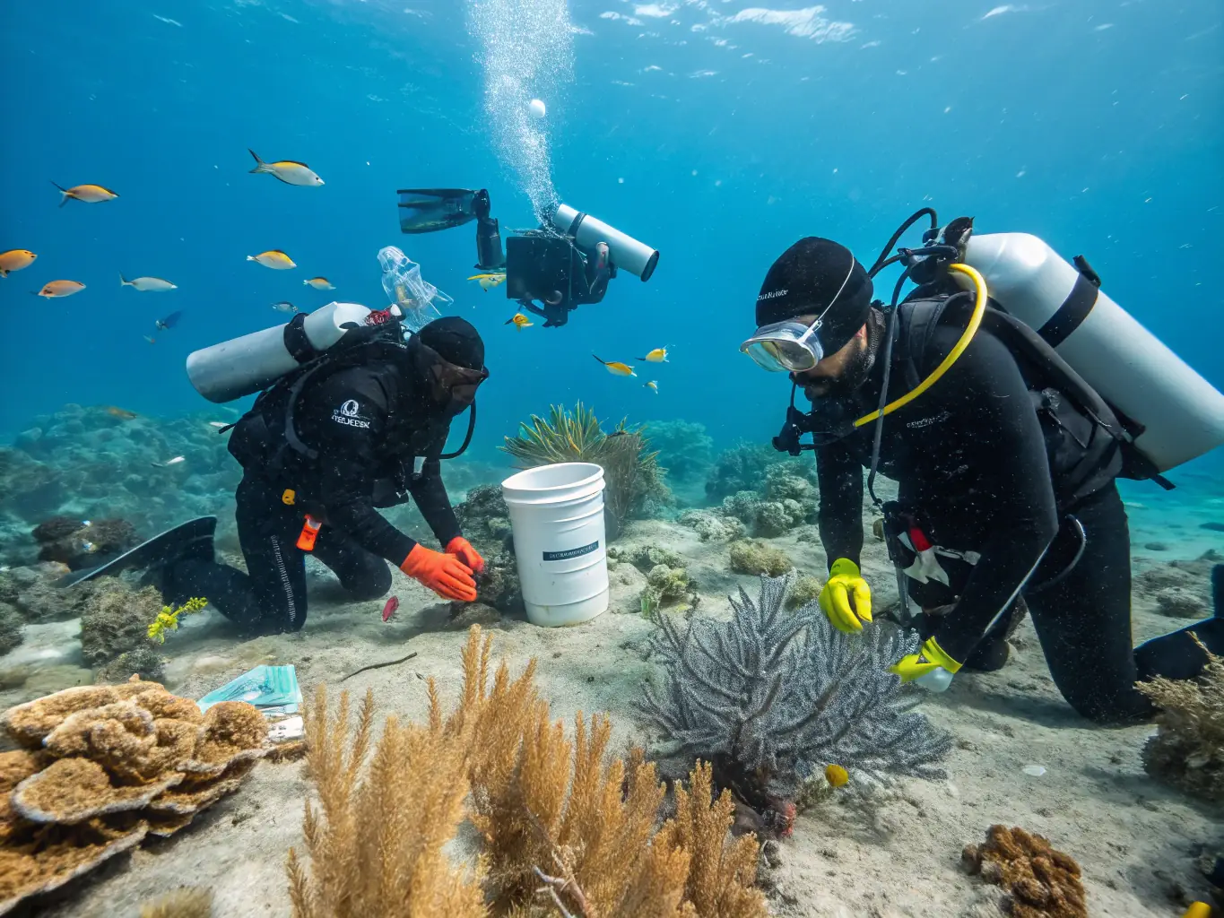 A group of volunteers cleaning a coral reef, with educational signage in the background, representing the Environmental Awareness Programs of FFESSM AIN.
