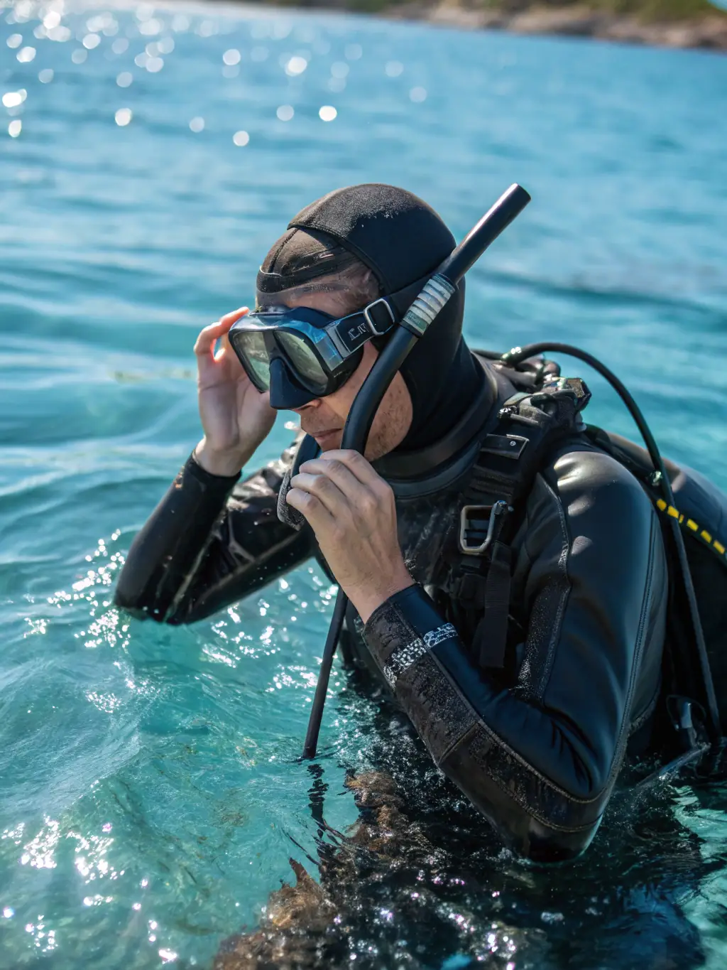 A group of divers in full gear preparing to enter the water, representing the diving training courses offered by FFESSM AIN. The setting is a clear, blue lake with surrounding greenery.