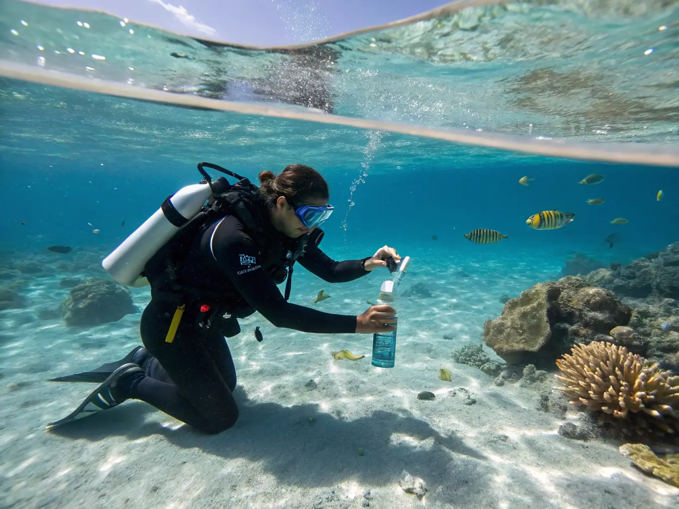 Researchers and divers collecting samples and data underwater in a protected marine area, illustrating the Exploration and Scientific Research activities of FFESSM AIN.
