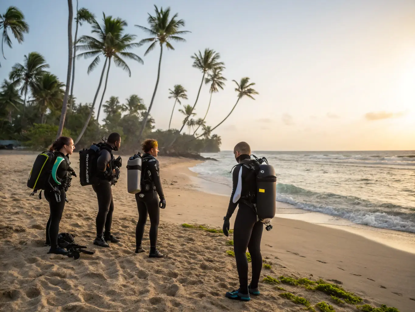 A group of divers preparing for an underwater exploration in a clear blue sea.