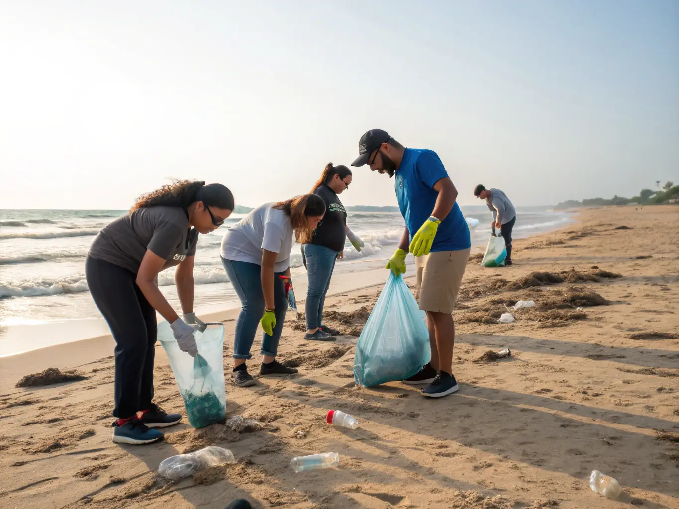 Volunteers cleaning up plastic waste from a coral reef.